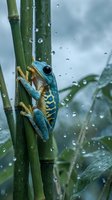 Blue tree frog climbing bamboo stem with water droplets in tropical rainforest environment during rainfall shower.