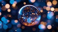 Magical crystal ball with glowing sparkles and bokeh lights reflecting festive atmosphere on dark blue background. Mystical fortune telling concept.