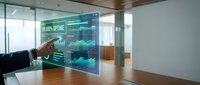 Businessman touching futuristic holographic dashboard with green data charts and uptime analytics in modern office environment.
