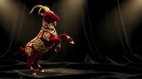 Male performer in ornate red and gold costume executing dynamic dance move on dark stage with dramatic lighting for theatrical productions.