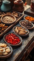 Aromatic spices and dried chili peppers in rustic wooden bowls on dark table, traditional Asian cooking ingredients with dramatic lighting and moody atmosphere.
