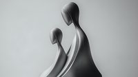 Minimalist black and white sculpture of two abstract figures in flowing forms creating emotional connection. Artistic representation of unity and relationship.