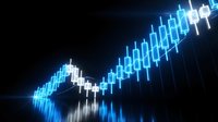 Glowing blue and white candlestick chart showing upward stock market trend with financial data visualization on dark background for trading and investment analysis.