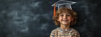 Cheerful young Caucasian boy with curly hair wearing striped shirt and paper graduation cap smiling against dark chalkboard background in education concept.