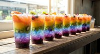 Rainbow layered smoothies in glasses arranged on wooden surface with natural sunlight streaming through window creating colorful healthy beverage display.