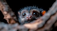Curious emu chick peeks through branches with large expressive eyes and distinctive fuzzy feathers against dark background, creating engaging wildlife portrait.