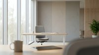 Modern minimalist home office workspace with wooden desk, ergonomic chair and large windows providing natural light for productivity and focus.