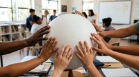 Diverse group of professionals holding white sphere together in modern office space, symbolizing teamwork, unity, collaboration and shared goals during corporate meeting or team building activity.