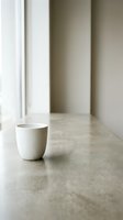 Minimalist white ceramic cup on concrete surface in bright, empty room with natural light from window for modern interior design projects.