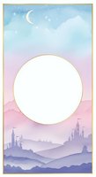 Dreamy fairytale landscape with castle silhouettes, crescent moon and stars in pastel gradient sky with golden circle frame for text or design elements.