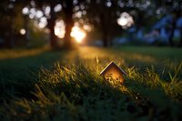 Small wooden house model nestled in tall grass at sunset, with golden sunlight streaming through trees creating magical bokeh effect in background.