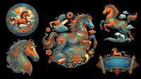 Ornate decorative horses in traditional folk art style, isolated on transparent background. Ready for t-shirt design, clipart, stickers, sublimation, print-on-demand products and digital crafts.