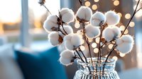 Fluffy cotton stems in glass jar with bokeh lights background, cozy home decor arrangement creating warm atmosphere. Natural dried floral composition.