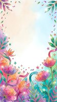 Colorful floral border frame with vibrant gradient flowers, leaves, and decorative stars on isolated white background. Perfect for greeting cards, invitations, and design projects.