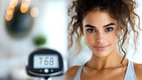 Young mixed-race woman smiling at camera during indoor cycling workout with fitness bike computer display showing metrics in modern gym setting.