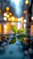 Green leaf reflecting in puddle water with blurred bokeh lights in background creating magical evening atmosphere after rain on wet city street.