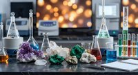 Laboratory glassware with colorful minerals and crystals on dark table with warm bokeh lights background for scientific research and education.