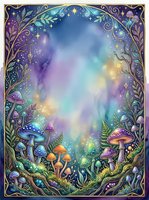 Enchanted forest frame with glowing mushrooms, magical plants, and celestial elements on dark background. Ornate decorative border with stars and botanical details. Mystical woodland scene with luminous atmosphere for fantasy art, book covers, and creative design projects.