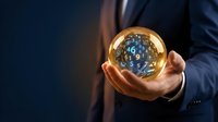 Businessman holding glowing sphere with floating numbers representing data analytics, digital transformation and future technology solutions.