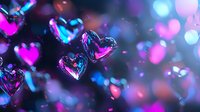 Glowing neon hearts float in dark space with blue and pink bokeh lights creating romantic atmosphere for Valentine's day cards and love-themed designs.