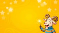 Cheerful animated character with curled horns wearing blue outfit holding magic wand on bright yellow background with stars, suitable for children's content and festive designs.