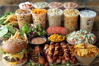 Fast food feast with bubble tea drinks, cheeseburger, grilled chicken wings, french fries, and fresh salads perfect for restaurant menu, food delivery, or social media marketing.