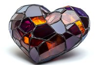 Mosaic heart shape made of stained glass pieces in purple, orange and burgundy colors on white background, decorative romantic element for design.