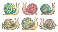 Colorful snails with ornate patterned shells in gold, pink, blue and green tones, isolated on white background, suitable for clipart, textile design and decorative applications.