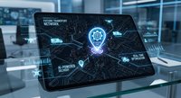 Futuristic tablet displaying holographic network security interface with glowing shield icon and connected devices in modern office environment.