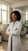 Young African American female scientist wearing white lab coat and eyeglasses, smiling with arms crossed in modern laboratory setting with natural light from windows and potted plants.