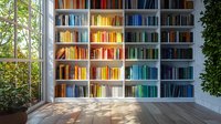 Rainbow colored books arranged by spectrum on white built-in shelves in modern bright room with large windows and natural sunlight casting shadows on wooden floor.