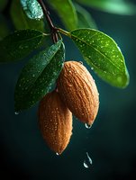 Fresh almonds on branch with water drops and green leaves in dark moody lighting, macro photography showing natural texture and details.