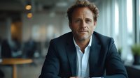 Confident mature Caucasian businessman in dark suit sitting at office desk, looking directly at camera with serious expression. Professional corporate portrait.
