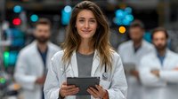 Young female doctor with long brown hair holding digital tablet in modern hospital with medical team colleagues in background.