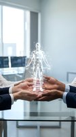 Business professionals holding holographic human anatomy model in modern office representing healthcare technology and medical innovation collaboration.