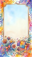 Colorful watercolor frame with floral and shopping elements, isolated on white background. Ideal for greeting cards, invitations, posters, social media graphics, and festive designs.