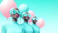 Three African American female models in turquoise outfits and matching sunglasses pose with pink balloons against mint background creating modern fashion editorial composition.