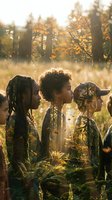Diverse group of young adults enjoying golden hour sunlight in autumn forest with warm backlighting and natural bokeh effects for lifestyle photography.