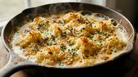 Creamy cauliflower gratin with golden cheese crust and fresh herbs in cast iron skillet. Comfort food recipe for cooking blogs and restaurant menus.