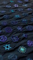 Mystical glowing symbols and sacred geometry patterns in neon purple and turquoise colors on dark textured background, magical occult elements for design projects.