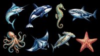 Set of eight watercolor ocean animals isolated on transparent background, ready for stickers, t-shirt design, print on demand, sublimation, and clipart use.