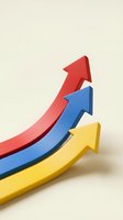 Three colorful curved arrows pointing upward in red blue and yellow representing growth progress and success on neutral background.