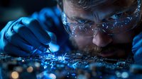 Caucasian male scientist in protective glasses examining electronic circuit board with blue lighting, focused on detailed microchip inspection in laboratory.