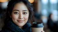 Young Asian woman with warm smile holding takeaway coffee cup wearing cozy knit scarf in cafe setting for lifestyle and beverage marketing content.