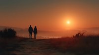 Romantic couple silhouettes walking together at golden sunset with warm orange sky and mountain landscape creating peaceful evening atmosphere.