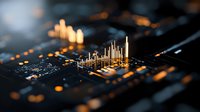 Glowing electronic circuit board with golden light reflections on microchip components creating futuristic cityscape-like silhouette against dark background.