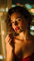 Young woman with curly hair applying red lipstick against bokeh lights background, wearing pearl necklace and red dress for glamour photography.