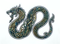 Ornate dragon serpent with Celtic knotwork patterns in gold and teal, isolated on white background, ready for design projects and merchandise applications.