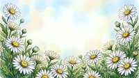 Watercolor daisy flowers frame with soft pastel sky background, white chamomile blossoms and green leaves border with copy space center.