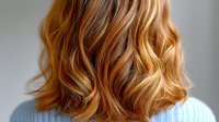 Wavy blonde and copper balayage hair styled in soft curls shown from behind against light background, demonstrating modern hair coloring technique.